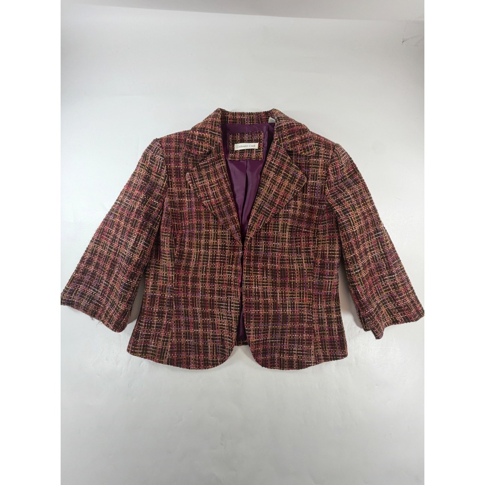 Coldwater Creek Womens Petite 8 Purple Pink Brown Tweed Blazer 3/4 Sleeve Jacket